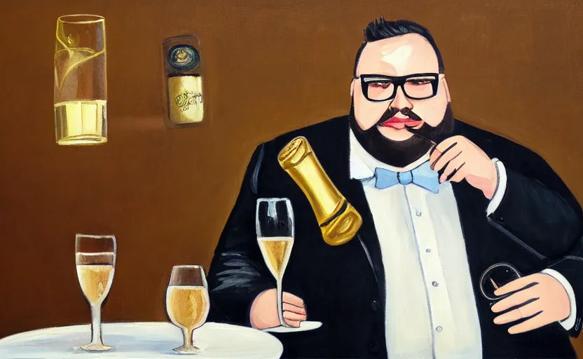 Prompt: oil painting of fat guy with glasses, short beard, odd haircut and a glass of champagne, in classic suit in a bar setting, dimly lights, afternoon tea, a very interesting and intellectual person