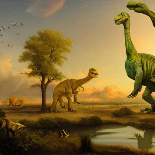 Prompt: Trias with dinosaurs, in the style of the Hudson River School