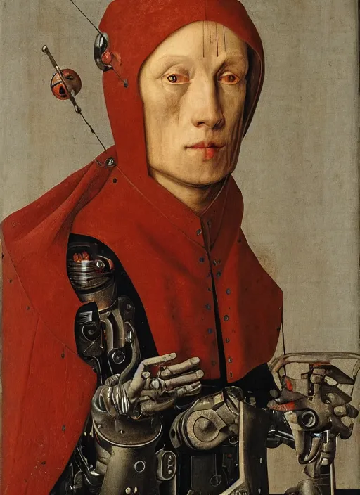 Image similar to a portrait of a cyborg by Jan van Eyck