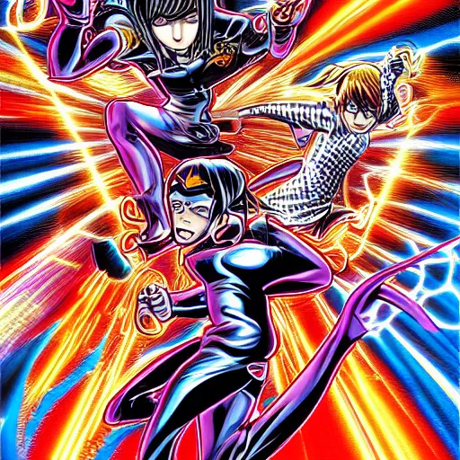 Image similar to chip and pin trip, manga comic book cover, action, explosions, by alex grey