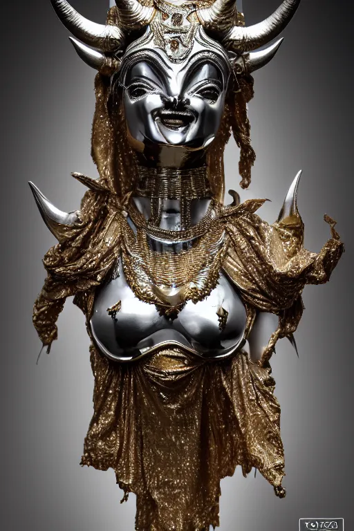 Image similar to chrome carved statue of horned persian sacred demon goddess, metallic polished intricated sculpture, dressed with a colorful torn cotton cloak, made by antonio corradini, and dug stanat macabre art, dark surrealism, epic and cinematic view, volummetric light, texturized, detailed, 8 k