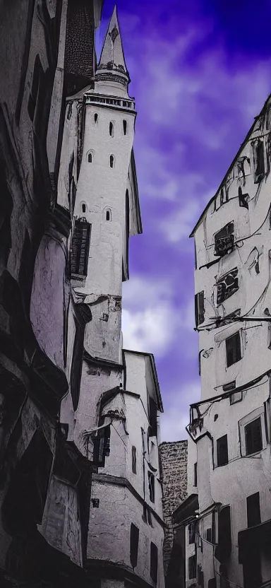 Image similar to “ white and purple medieval city, award winning, digital art ”