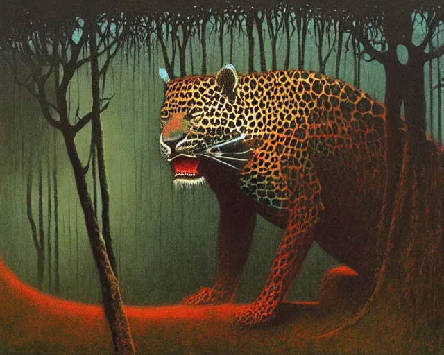 Prompt: Beksinski painting. Jaguar in a dark misty jungle, painted by Beksinski