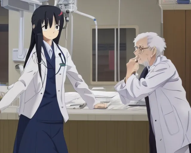 Image similar to a cute and beautiful young female doctor wearing white coat are talking with an old professor in a hospital, slice of life anime, lighting, anime scenery by Makoto shinkai