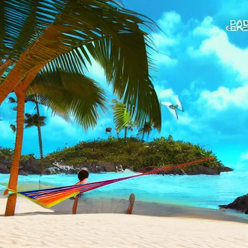 Image similar to laguna. clear blue water. sun shine. colourful birds. paradise. beach. palm trees. a hammock, 8 k, epic scene, scifi, unreal engine, trending on cg station. masterpiece.