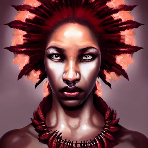 Prompt: portrait of burning african woman, fire, blood red eyes, open mouth, vampire fangs, fantasy, intricate, elegant, highly detailed, digital painting, artstation, concept art, matte, sharp focus, illustration, octane render, unreal engine, art by aenaluck and roberto ferri and greg rutkowski, epic fantasy, digital painting