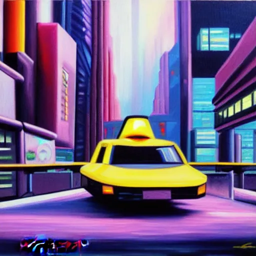Image similar to flying futuristic taxis in cyberpunk city, oil painting
