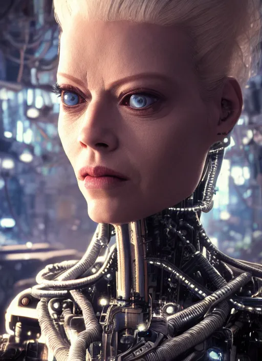 Image similar to 35mm portrait of a 7 of 9 borg with eye implant, on the background of a weird magical mechanical forest. Round gears visible inside her hear. Very detailed 8k. Fantasy cyberpunk horror. Sharp. Unreal 5 render with nanite, global illumination and path tracing. Cinematic post-processing