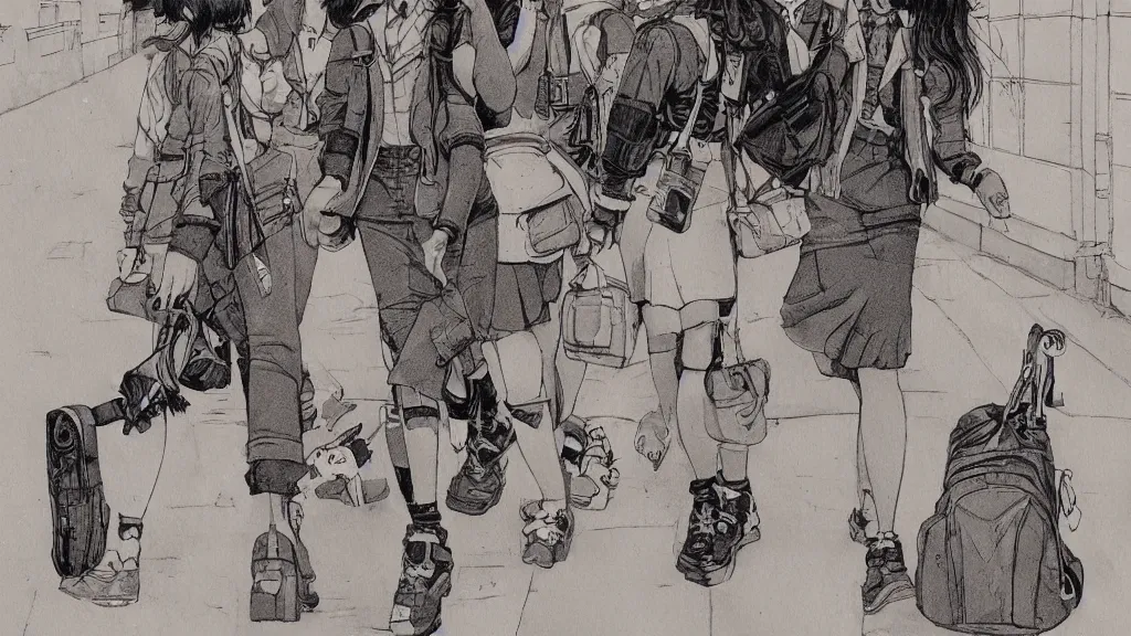 Image similar to cute schoolgirl walk in ghetto, in style of katsuya terada,, 8 k, hyper detailed.