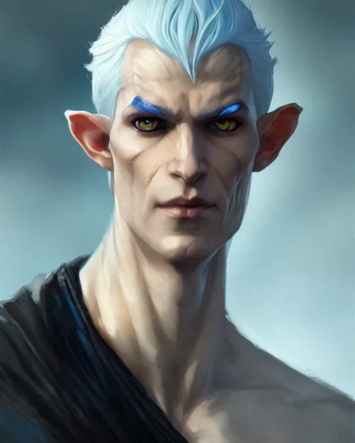 Image similar to character portrait of a slender half elven man with white hair, piercing bright blue eyes, and pale bluish skin, by greg rutkowski, mark brookes, jim burns, tom bagshaw, trending on artstation