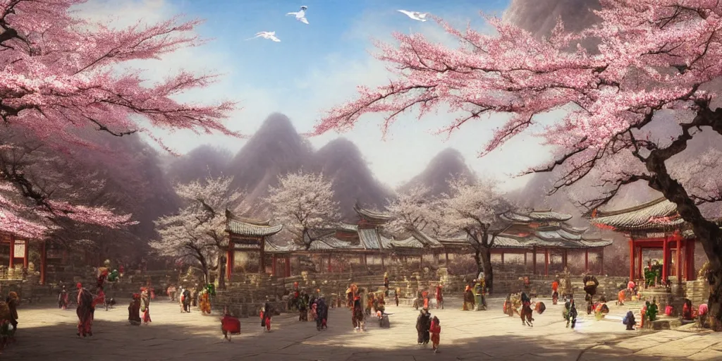 Image similar to a street in a ancient chinese characteristics. it has a high degree of fantasy. cherry blossom forest, there are pavilions in the air, koi jumping in the air, and fairy birds and animals such as cranes and deer coexist with people. it is the life scene of the ancient people, a detailed matte painting by christophe vacher and albert bierstadt