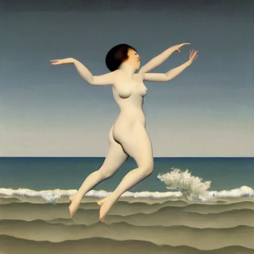 Prompt: very detailed, beautiful painting of bjork levitating above the wavy ocean into a gray sky. shaded. art by rene magritte, 1 9 2 7. oil on canvas.