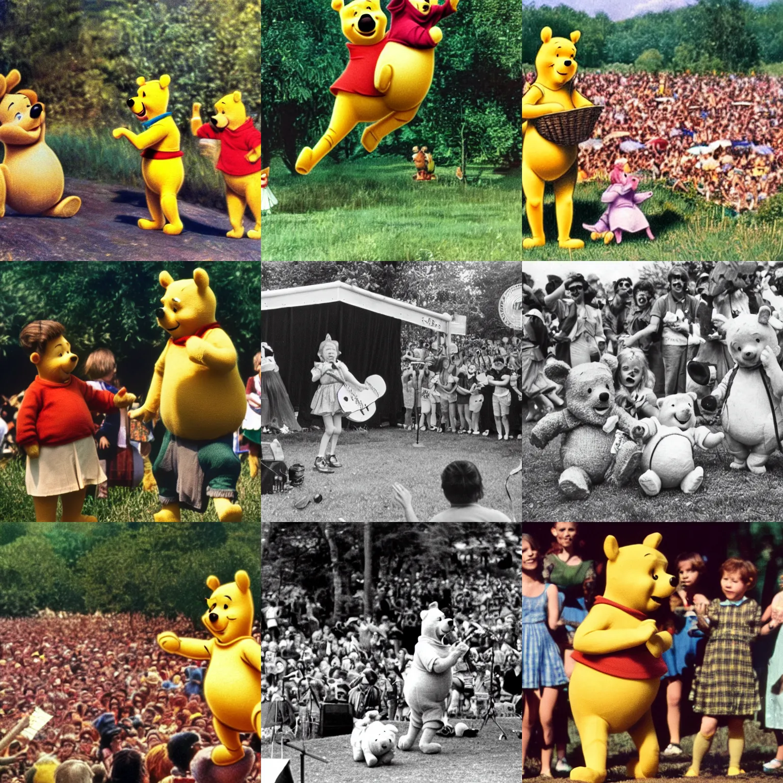 Prompt: Winnie The Pooh performing at woodstock