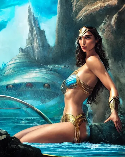 Prompt: gal gadot wearing a shell bikini as the queen of atlantis, atlantis in the background, photorealistic, highly detailed face, realistic face, beautiful detailed eyes, fantasy art, in the style of greg rutkowski, illustration, epic, fantasy, intricate, hyper detailed, artstation, concept art, smooth, sharp focus, ray tracing, vibrant,