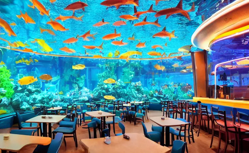 Prompt: inside a fastfood fish restaurant, fluorescent light, bright, atlantis theme, a giant aquarium on the wall