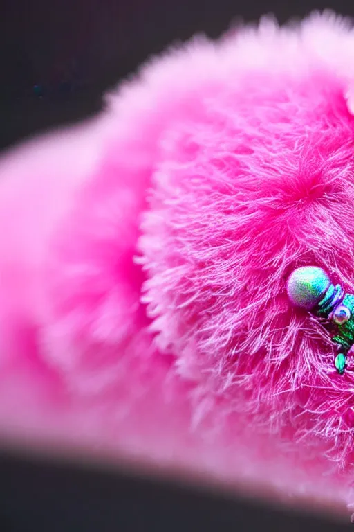 Image similar to high quality close-up photo pearlescent fluffy caterpillar! gorgeous highly detailed hannah yata elson peter cinematic pink lighting high quality low angle hd 8k sharp shallow depth of field