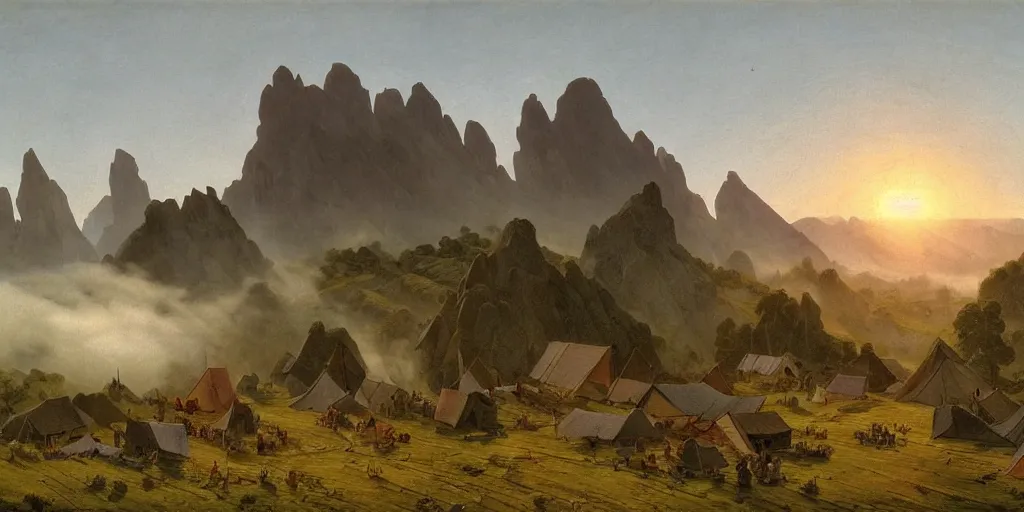 Image similar to village above the clouds, sharp pointy mountains, wooden platforms, tents, colors, misty clouds, sun at dawn, brutalism, painting by caspar david friedrich