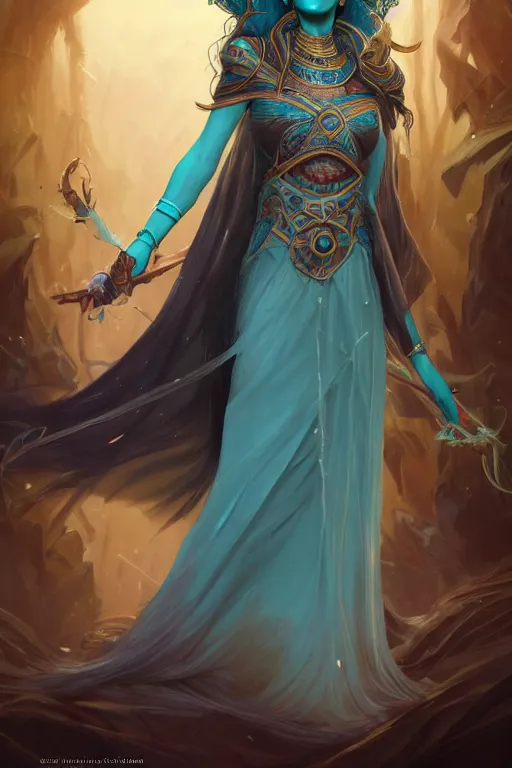 Image similar to beautiful wizard female with teal skin, full body shot, long hair made of seaweeds, egyptian clothing, with a wooden stuff, d & d, fantasy, intricate, elegant, highly detailed, digital painting, artstation, concept art, matte, sharp focus, illustration, hearthstone, art by artgerm and greg rutkowski and alphonse mucha