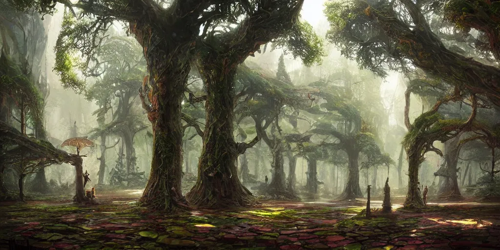 Prompt: rain fall city in the elf forest with large trees, the trees are human dwellings, vibrant, alive, intricate, highly detailed, digital painting, artstation, concept art, smooth, sharp focus, illustration, art by artgerm and greg rutkowski