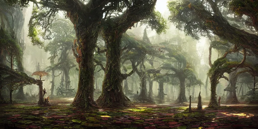 rain fall city in the elf forest with large trees, the