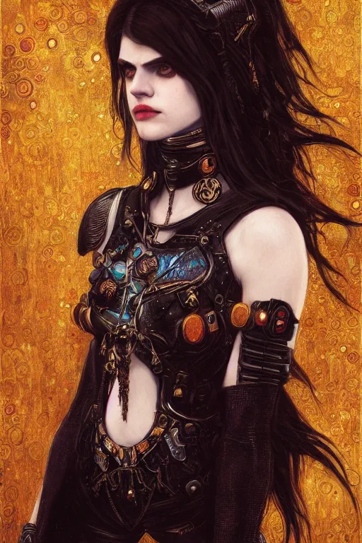 Image similar to portrait of beautiful gothic Alexandra Daddario, cyberpunk, Warhammer, highly detailed, artstation, illustration, art by Gustav Klimt