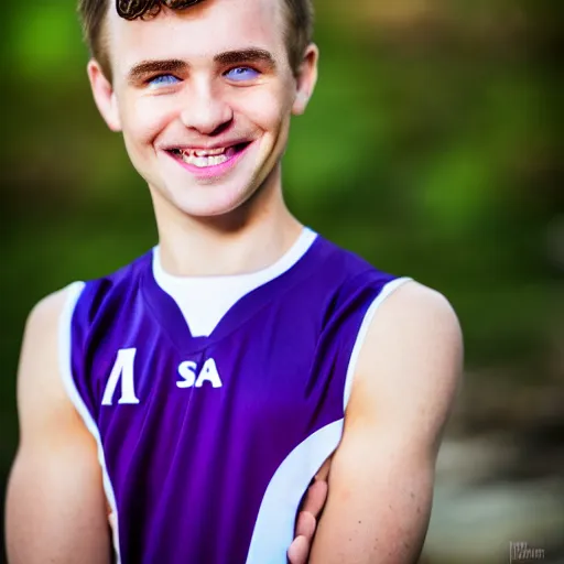 Image similar to photographic portrait of a young white male smiling with short brown hair that sticks up in the front, blue eyes, groomed eyebrows, tapered hairline, sharp jawline, wearing a purple white volleyball jersey, sigma 85mm f/1.4, 35mm, 4k, high resolution, 4k, 8k, hd, full color