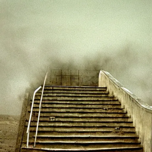 Prompt: a staircase on a desolate plain. the stairs lead nowhere Cinematic focus, fujicolor photo, vintage, neutral colors, soft lights, foggy, panorama by by Serov Valentin, by lisa yuskavage, by Andrei Tarkovsky