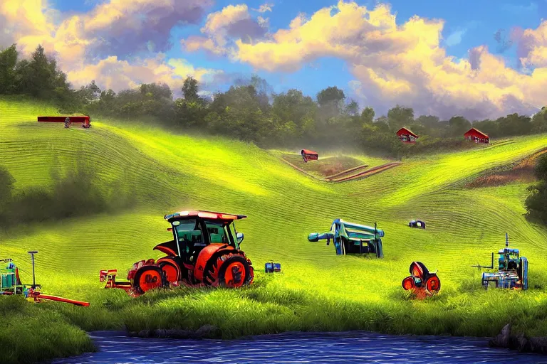 Prompt: digital masterpiece artwork of robots farming on a hillside overlooking a creek, by peter alexander