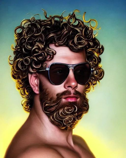 Prompt: portrait of glamor greek god zeus | wearing sunglasses and a laurel wreath | curly hair, beard | lightning storm background | highly detailed | very intricate | professional model | cinematic lighting | painted by donato giancola and mandy jurgens and charlie bowater | bold colors, artdeco, art deco outrun anime aesthestic, 8 0's nostalgia | featured on artstation