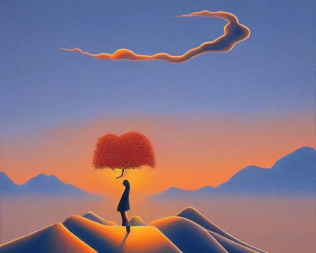 Image similar to a painting of an unimaginably beautiful landscape at golden hour, an ultrafine detailed painting by rafal olbinski, behance contest winner, pop surrealism, detailed painting, very detailed, minimalist, skeuomorphic, airbrush art