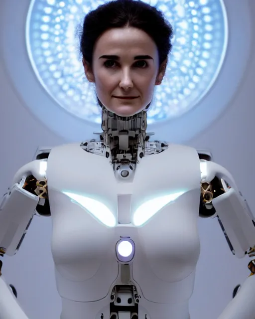 Image similar to portrait of blissed out young demi moore as a solarpunk mecha humanoid robotic parts with bright led lights, real human face, pudica pose gesture, by bouguereau, in white room, ultra - realistic and intricate, portrait shot 8 k