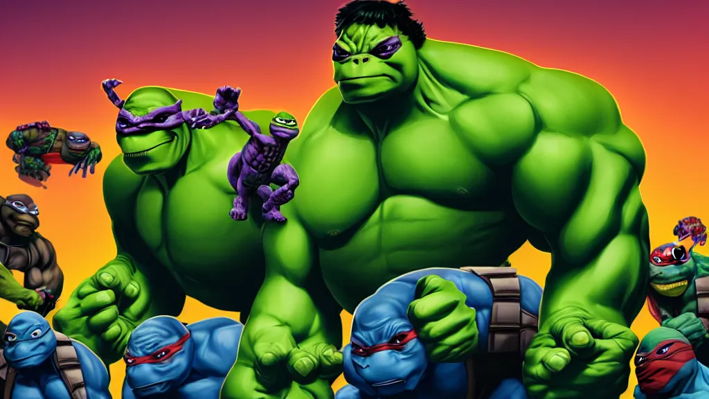 Image similar to Hulk, Obama, TMNT clones by Beeple, 4K