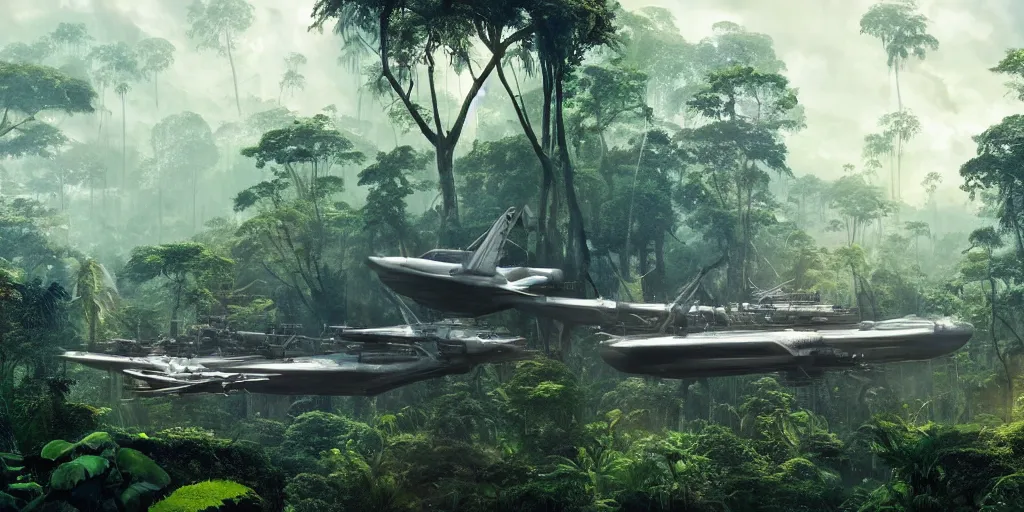 Image similar to avatar airship cyberpunk in the jungle, people repairing ship, industrial maintenance shuttle vehicle vast botanical gardens, forest, jungle, fps, cinematography, photo, photography, 4 k, by greg rutkowski, roger deakins
