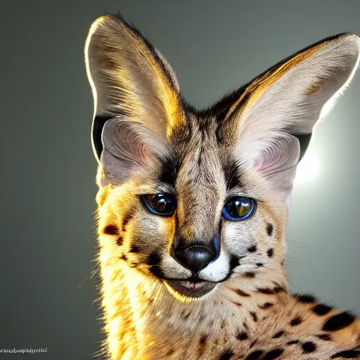 Image similar to beautiful photo of a serval with exotic black markings and blue eyes, 4 k, studio lighting, global illumination, detailed, front page of art station