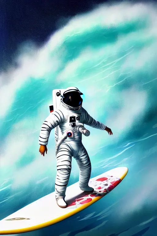 Image similar to a beautiful digital painting of an astronaut in a white space suit surfing the great wave on a surfboard by greg rutkowski, photorealistic, trending on artstation, octane render