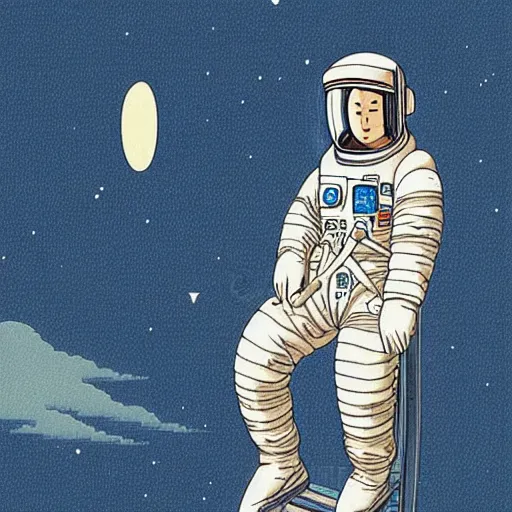 Prompt: An astronaut in space, in the style of kawase hasui