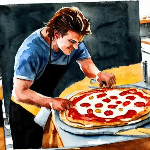 Prompt: a watercolor painting of Joe Keery making a pizza, ultra realistic