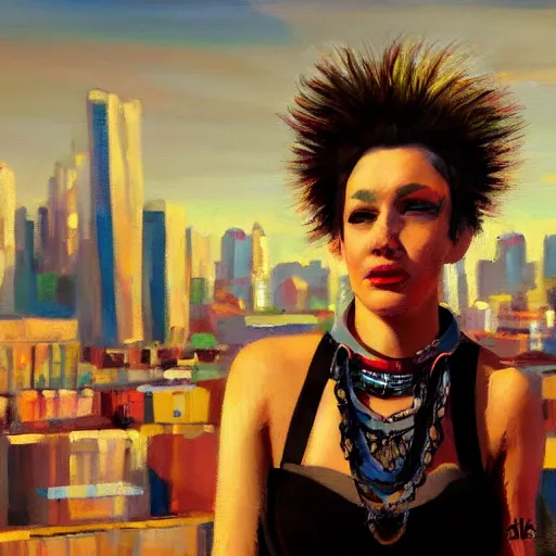 Image similar to oil painting of punk woman wearing large belt collar around neck, standing in city area, 4 k, artstation