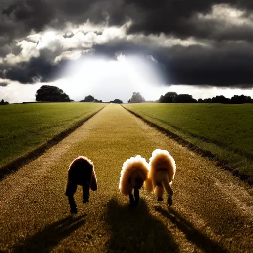 Prompt: poodles running through a field, dramatic cinematic lighting