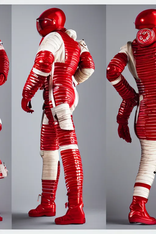 Image similar to photography of red and white space suits designed for knights templar, tubings, helmet with intricate design, golden linings, photo shoot, by annie leibovitz, sigma 85mm 1.4, glows, sharp, high contrast, octane render