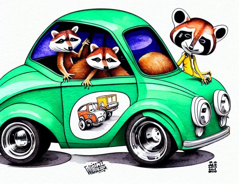 Image similar to cute and funny, racoon riding in a tiny hot rod coupe with oversized engine, ratfink style by ed roth, centered award winning watercolor pen illustration, isometric illustration by chihiro iwasaki, edited by range murata