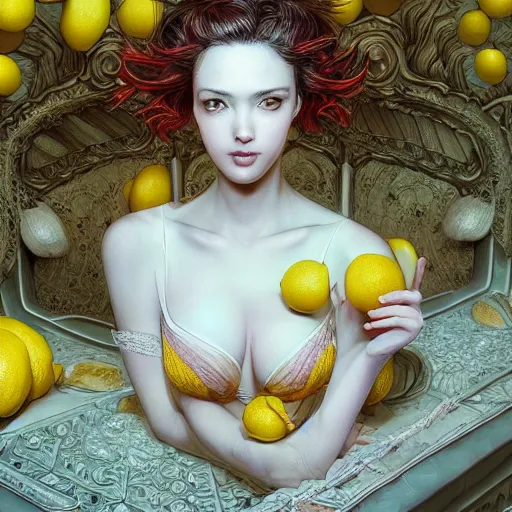 Prompt: the portrait of a sensual lemon that resembles an absurdly beautiful, graceful, elegant gravure idol covering herself, an ultrafine hyperdetailed illustration by kim jung gi, irakli nadar, intricate linework, bright colors, octopath traveler, final fantasy, unreal engine 5 highly rendered, global illumination, radiant light, detailed and intricate environment