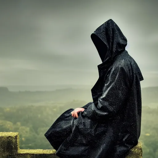 Image similar to black hooded trench coat man sitting on the edge of a castle, gothic, raining, 4k resolution