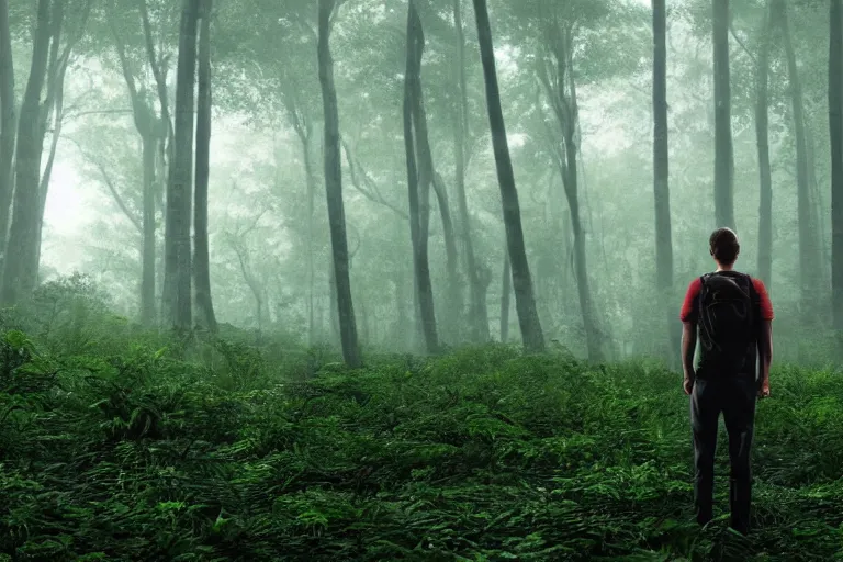 Image similar to a tourist visiting a complex organic fractal 3 d ceramic spheric megastructure floating in a lush forest, foggy, cinematic shot, photo still from movie by denis villeneuve