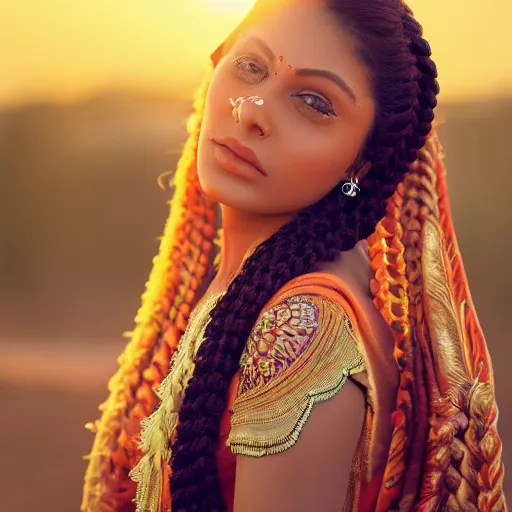 Prompt: a masterpiece detailed beautiful Indian female model with white Dutch braids at sunset, 8k