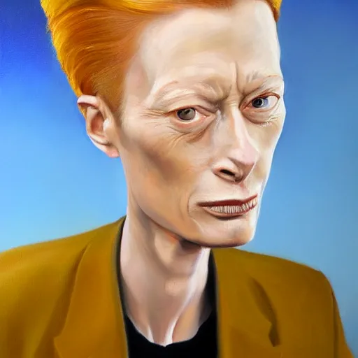 Image similar to an caricature of a young tilda swinton smoking a blunt, realistic oil painting by david levine, trending on art station, 4K