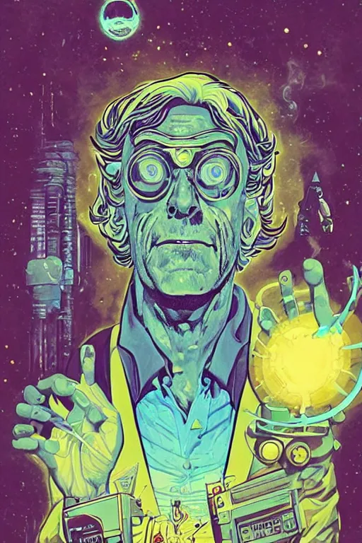 Image similar to Christopher Lloyd as Rick Sanchez, Harry Styles as Morty Smith, science fiction, retro cover, high details, intricate details, by vincent di fate, artgerm julie bell beeple, 60s, inking, vintage 60s print, screen print