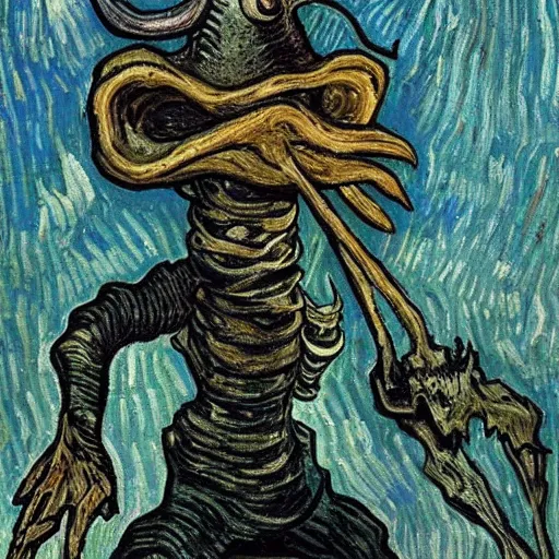 Image similar to squidward as a dark souls boss by Vincent van Gogh