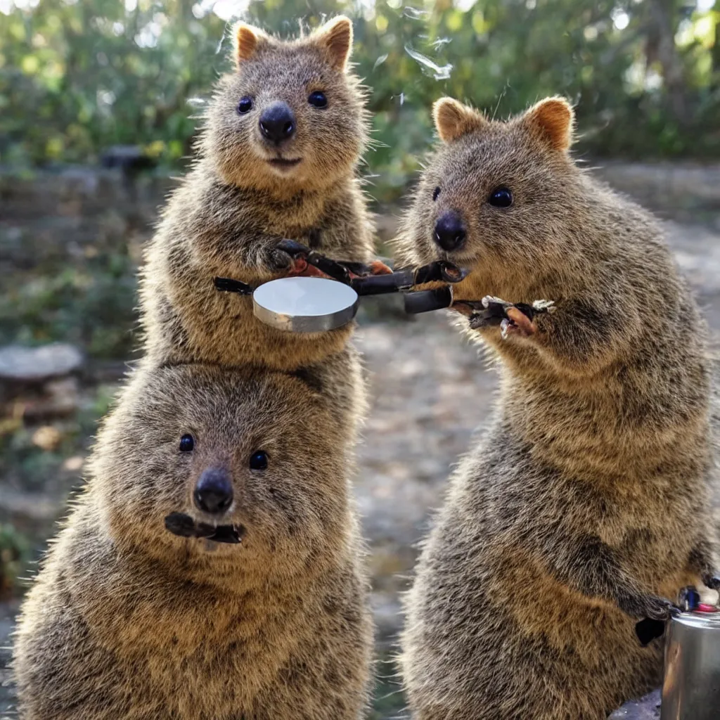 Image similar to happy quokka taking a smoking a bong and eating candy, golden hour, ultra realistic