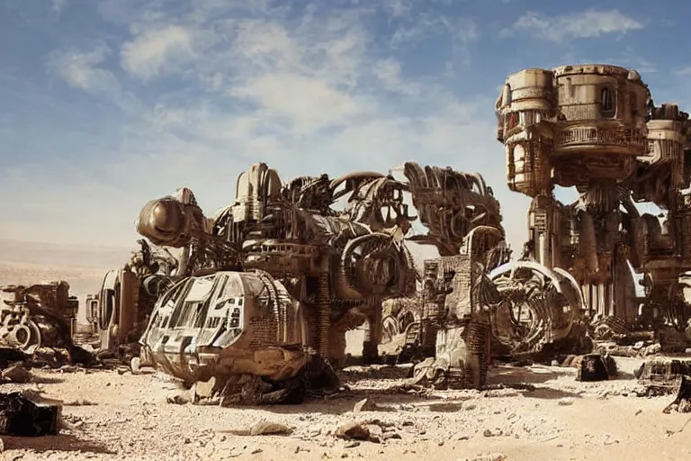 Prompt: desert landscape futuristic city ruins fallout post apocalyptic burning robot